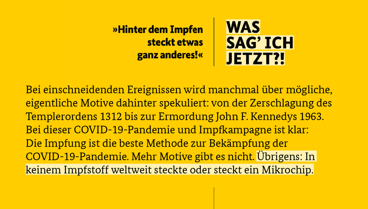 Was sag‘ ich jetzt?! „Hinter dem Impfen steckt etwas ganz anderes!“ – Das einzige Ziel der #CoronaSchutzimpfung ist, damit die #Pandemie zu überwinden. Mehr Infos: zusammengegencorona.de/impfen/.
#ImpfenHilft