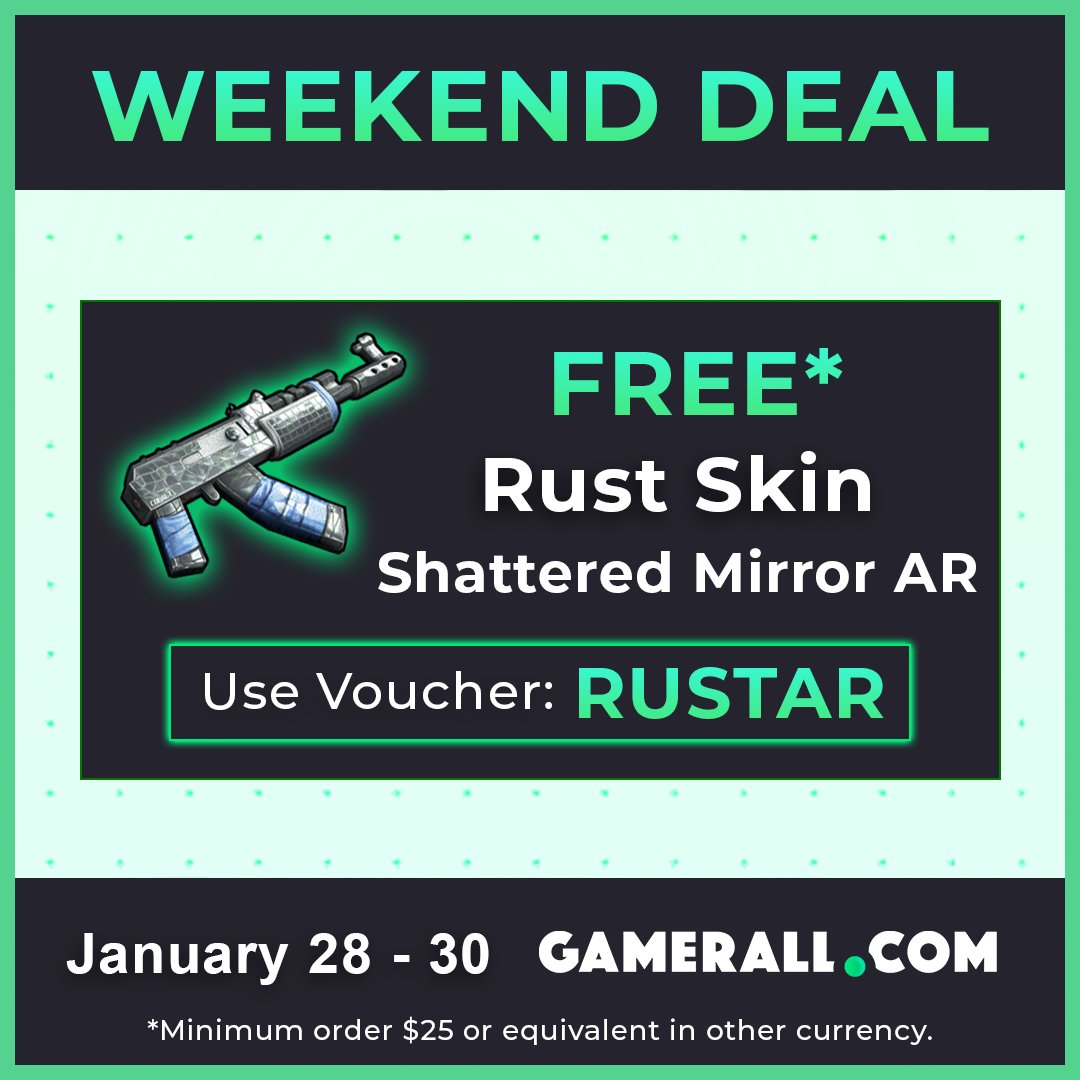 Limited Time Offer!⏳

Order for more than $25 and apply voucher RUSTAR to grab a Free Shattered Mirror AR Rust Skin when you checkout.🔥

Shop at zcu.io/QO21 🛒

#GamerAll #Rust #RustSkin