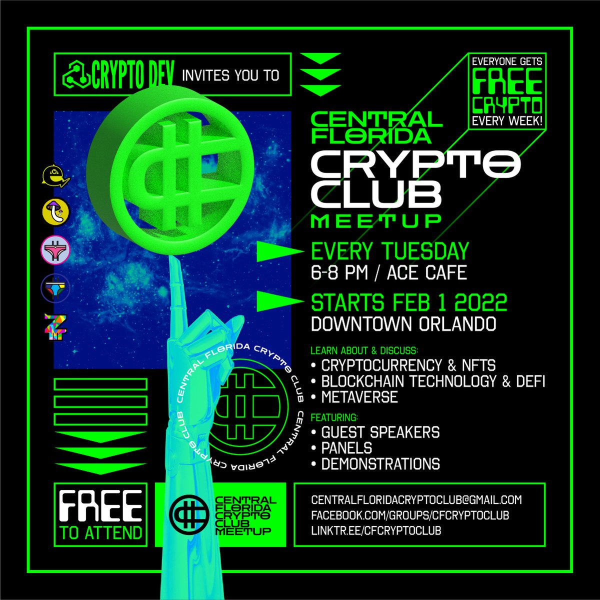 IN PERSON MEETUPS START TUES FEB 1 💥

#florida #centralflorida #cryptoclub #crypto #club #NFT #NFTCommunity #Metaverse #meetup #cryptoeducation #nfteducation #BTC #ETH #MATIC #DOGE #SHIB #CRO #OpenSea #CryptoDotCom #MetaMask #AceCafe #downtownOrlando #Orlando #Tampa #Daytona #FL