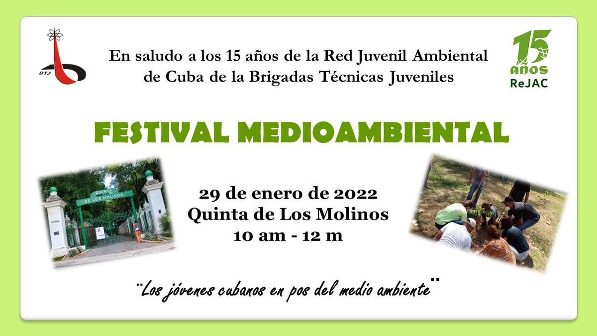 <a href="/BTJHabana/">BTJ La Habana</a> y <a href="/UJCHABANA1/">UJCHABANA</a> convocan al FESTIVAL MEDIOAMBIENTAL, como parte de las acciones para implementar la Estrategia Ambiental Nacional. Todos los interesados podrán asistir a las 10:00 am a la Quinta de los Molinos, Vedado, Plaza de la Revolución. <a href="/citmacuba/">Ministerio de Ciencia, Tecnología y Medio Ambiente</a> <a href="/ElbaRosaPM/">Elba Rosa</a>