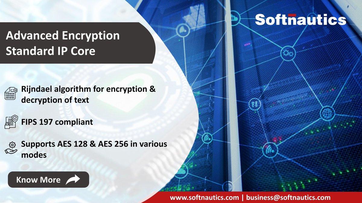 softnautics's tweet image. Encrypt &amp;amp; Decrypt your text with @softnautics AES 128 &amp;amp; AES 256 IP based on Rijndael algorithm &amp;amp; FIPS 197 compliant. Know more bit.ly/3i4xsEj
Contact us bit.ly/3tdYZYB

#VLSI #ASIC #ipsolutions #security #AES #encryption #decryption #semiconductor