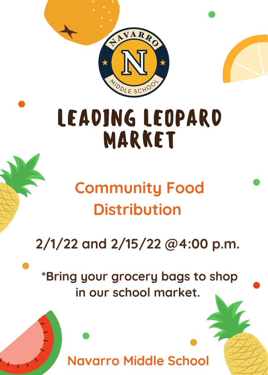 Navarro MS - HISD (@navarroms_hisd) on Twitter photo 🥬🍎Join us on Feb 1st and 15th for another Leading Leopard Market Community Food Distribution starting @ 4:30! @Navarro_WRS <a href="/EastEndHou/">East End Houston</a> Bring a bag to shop! 🛒 🥬🍎Join us on Feb 1st and 15th for another Leading Leopard Market Community Food Distribution starting @ 4:30! @Navarro_WRS <a href="/EastEndHou/">East End Houston</a> Bring a bag to shop! 🛒