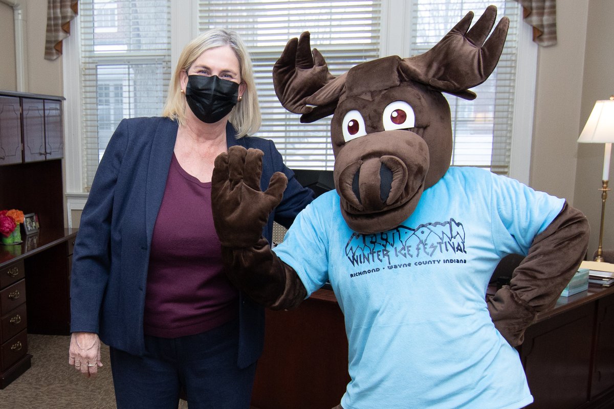 Look who visited Earlham President Anne Houtman's office today! It's Melty, the official mascot of <a href="/Meltdown47374/">Richmond Meltdown</a>! The annual ice sculpture festival continues through Saturday in downtown Richmond. Visit richmondmeltdown.com for a calendar of events.