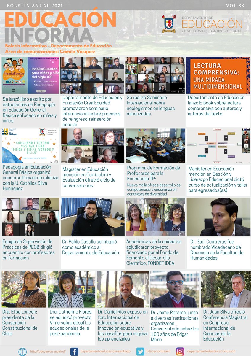 📰 Boletín Anual 2021‼ 📲cutt.ly/UOpeXy9
El Área de Comunicaciones del Departamento de Educación presenta el boletín informativo anual 2021, con las actividades más destacadas del año. 
¡Revísalo en nuestra WEB! educacion.usach.cl
