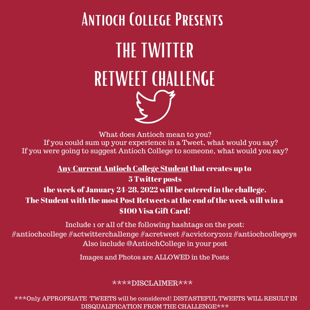 AntiochCollege's tweet photo. #CurrentStudents time is ticking! Don't miss your chance to win $100 #VisaGiftCard for the most ReTweets! #actwitterchallenge ends today at 3pm EST
#acretweet #acvictory2012 #antiochcollegeys https://t.co/ZZkybyJdjf