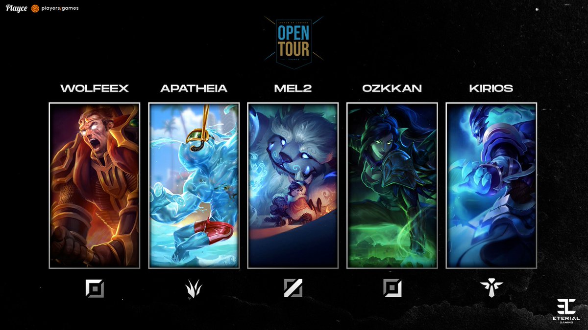 Nous avons l'honneur de vous présentez l'équipe qui porteront nos couleurs pour l'#OTF2022 

Top : <a href="/Wolfeex_lol/">Wolfeex</a> 
Jungle : @aptheia_lol 
Mid : <a href="/PerschMel/">Mel2</a> 
Adc : Ozkkan
Support : <a href="/JustKirios/">Kirios</a> 

Coach : @BisouxSensei 
Manager : <a href="/NisKuu/">KAIO / FTG | NisKuu</a> 

Powered by : @playersgamesfr &amp; <a href="/Playce_GG/">Playce 🚀</a> ❤️