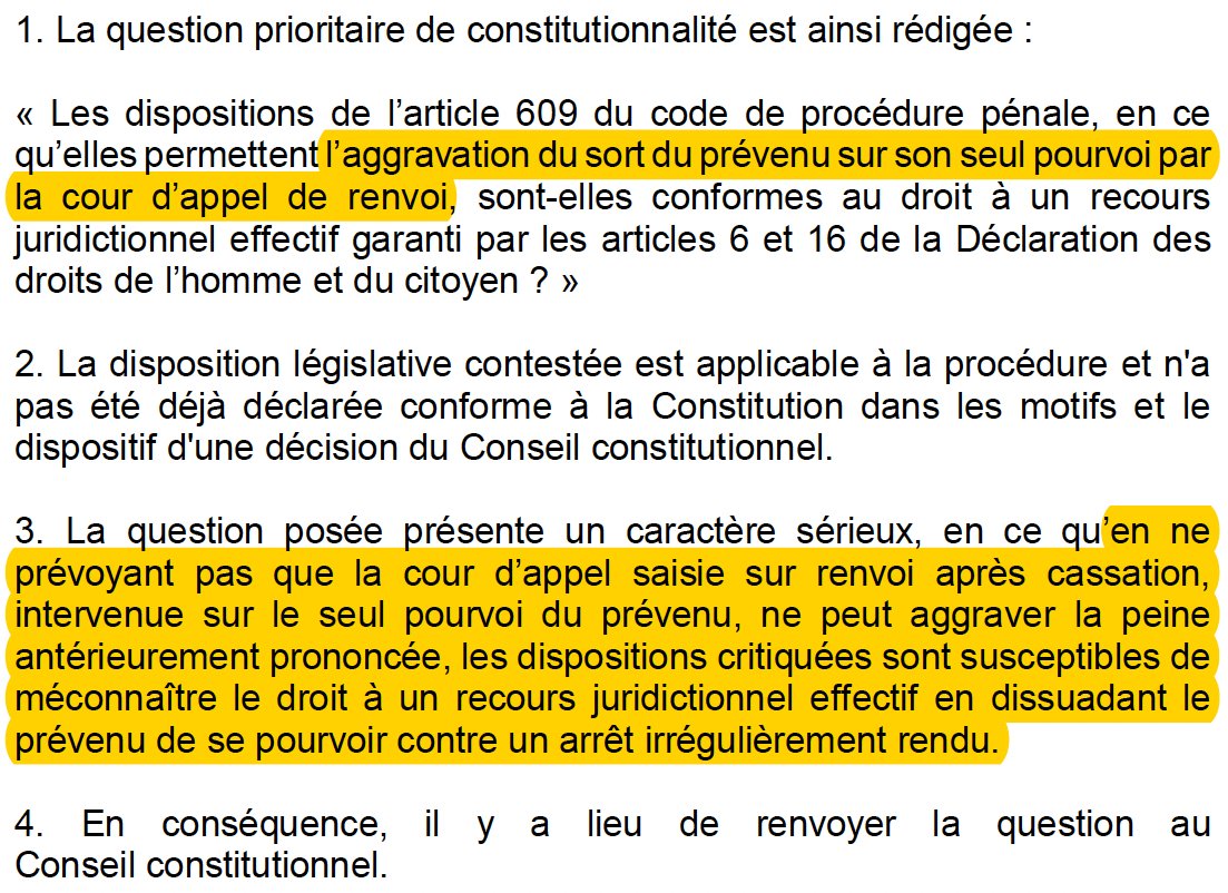 N_Hervieu's tweet photo. La @Courdecassation saisit le @Conseil_constit d'une intéressante #QPC visant la possible aggravation de la peine du prévenu par la cour d’appel de renvoi, après pourvoi à son initiative.

Car risque de dissuader un condamné de se pourvoir en cassation contre un arrêt irrégulier. https://t.co/CHIkm2MsZa