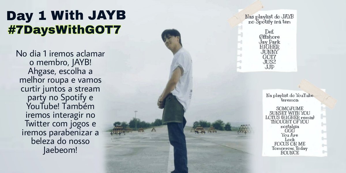 playgroundigot7's tweet photo. Ei, Ei Ahgase!! Marque aí! Dia 1 (terça feira), das 18h até 01h30, iremos ter uma stream party focada no JAYB!!
Marque sua presença usando as tags:
Day 1 With JAYB
#7DaysWithGOT7
#JAYB #GOT7 @jaybnow_hr @GOT7Official https://t.co/Mw5NVLEkys