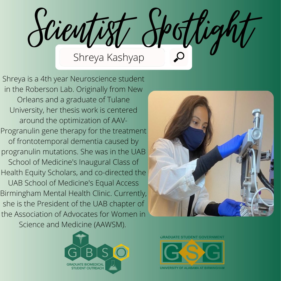 UAB_GBSO's tweet photo. Introducing our newest #ScientistSpotlight Shreya Kashyap (@snkash)! She is a 4th year Neuro MD-PhD student in the Roberson Lab. She has been a leader in health equity here at UAB and is currently the president of @AAWSMUAB. https://t.co/D0XQwChVlk