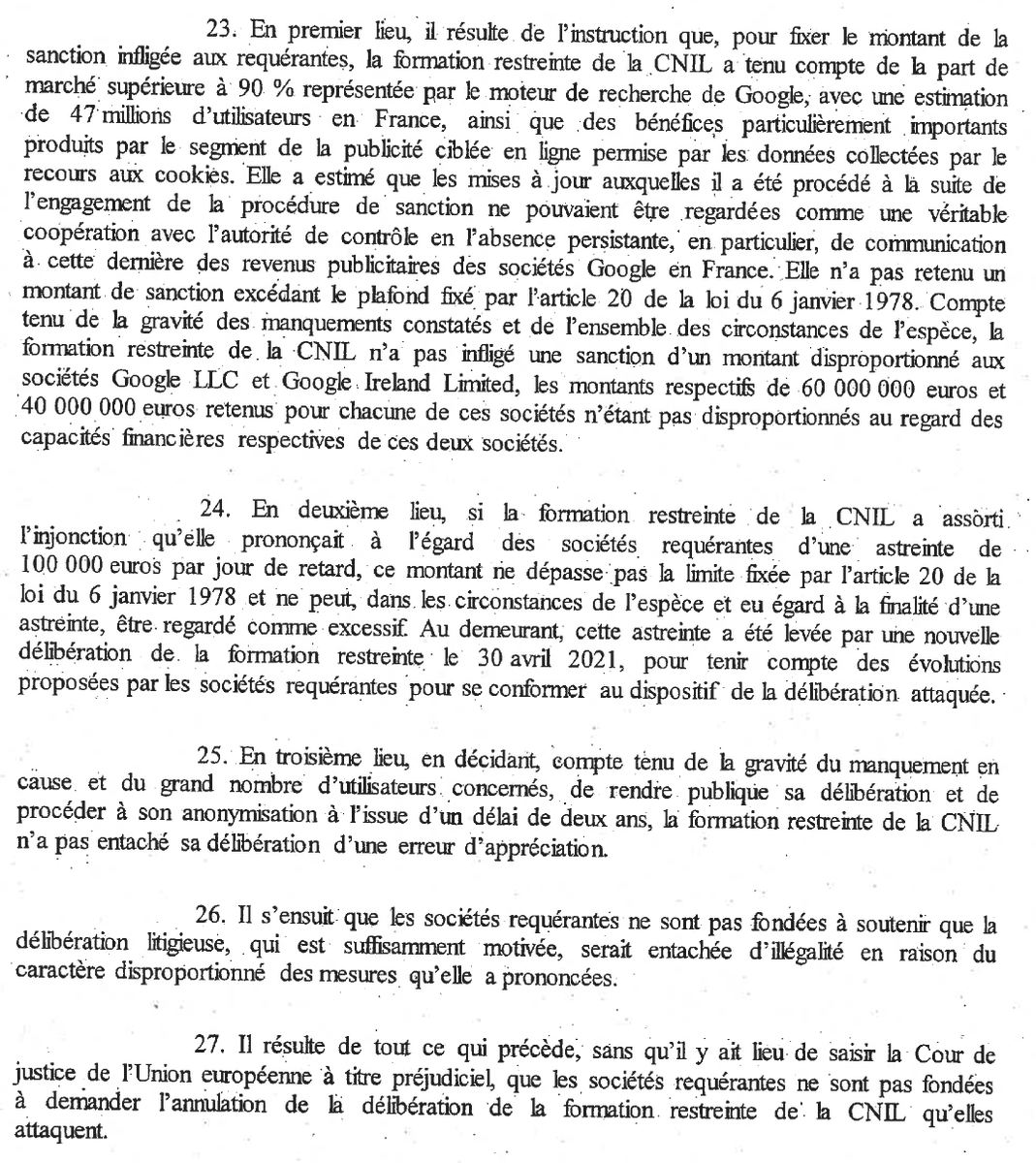 /!\ Décision de rejet confirmée : Google échoue à faire annuler l'amende de 100 millions d'euros infligée par la <a href="/CNIL/">CNIL</a> .  
Relevons ce passage où le C.E. juge ce montant proportionné  (J'y reviens bientôt. )
#cookies
