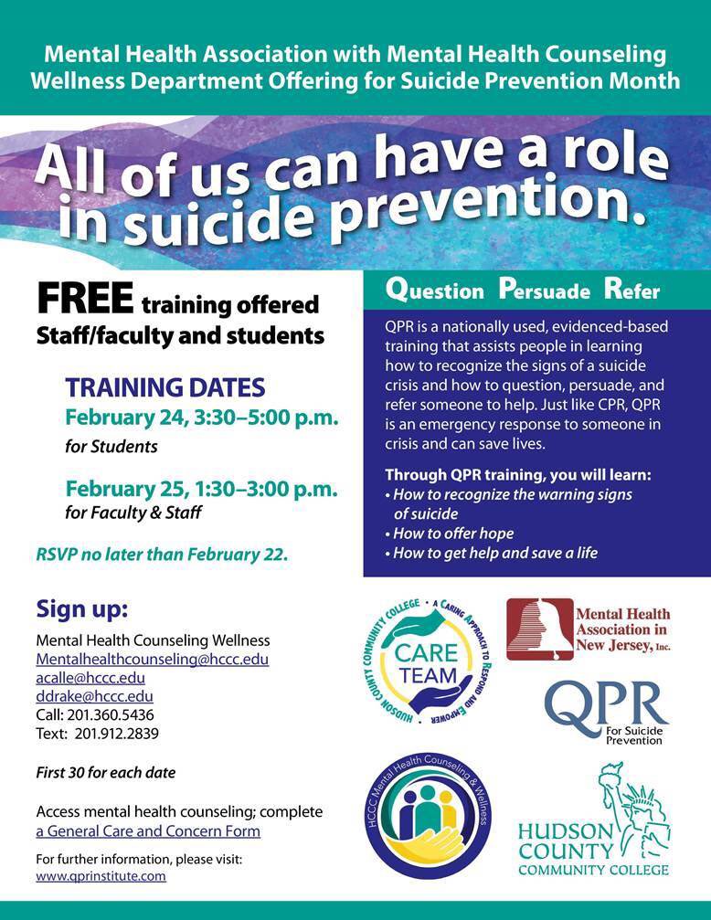 HudsonCCC's tweet photo. Suicide Prevention Training for Faculty/Staff and Students!
To Register go to: https://t.co/qUxtz3ENUM https://t.co/hc5hmQDeMw