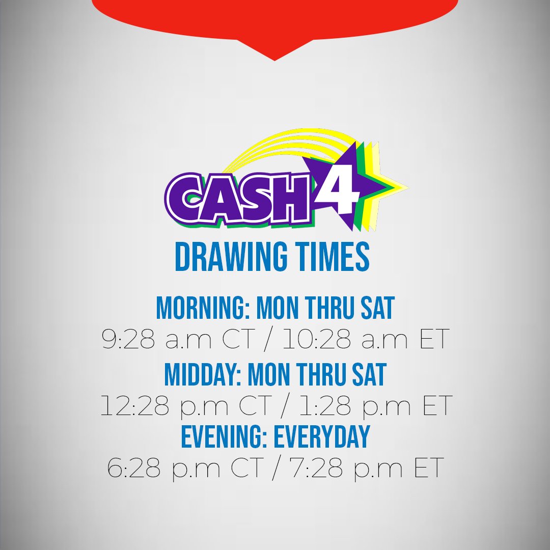 TheMagicMile's tweet photo. Don’t miss your ‘Cash 4’ drawing times! 
#lotteryshell #statelinelottery #statelineshell #jackpot #luckysplace #themagicmile https://t.co/0IqTQej5nK