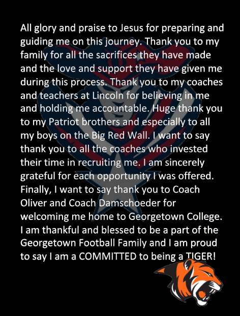 HStamper74's tweet photo. Excited to announce that I have COMMITTED to be a GEORGETOWN TIGER! Thank you to my family, friends, brothers, and coaches for your love and support. Thank you @GtownCoachO and @CoachDamGC @Gtown_Football for making this possible! All glory to Him✝️ #TIGERPRIDE #ForeverLC 🟧⬛️🐅 https://t.co/vBI0c6eZD3