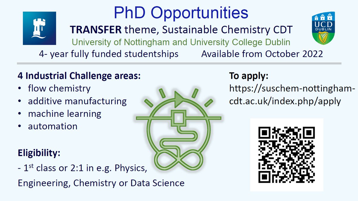 I'm delighted to annouce we have 4 fully funded #PhD studentships in #flowchem #3dprinting #automation and #machinelearning @CDTSusChem @UoNEngineering and @ucddublin
suschem-nottingham-cdt.ac.uk/index.php/apply