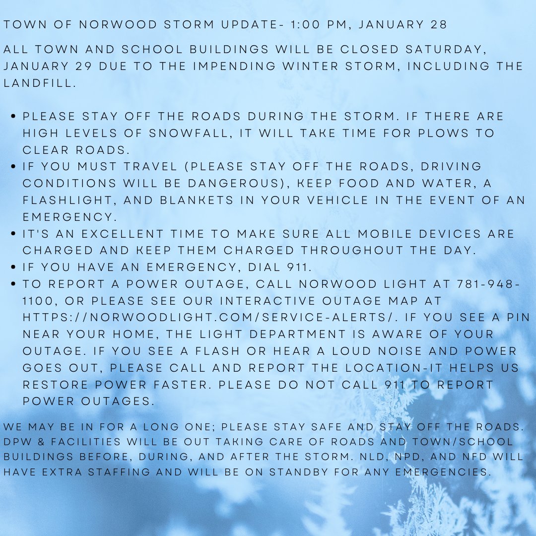 Click on the link for more details: norwoodma.gov/news_detail_T1…
#winterweather #norwoodma #norwoodmass #winterstorm
