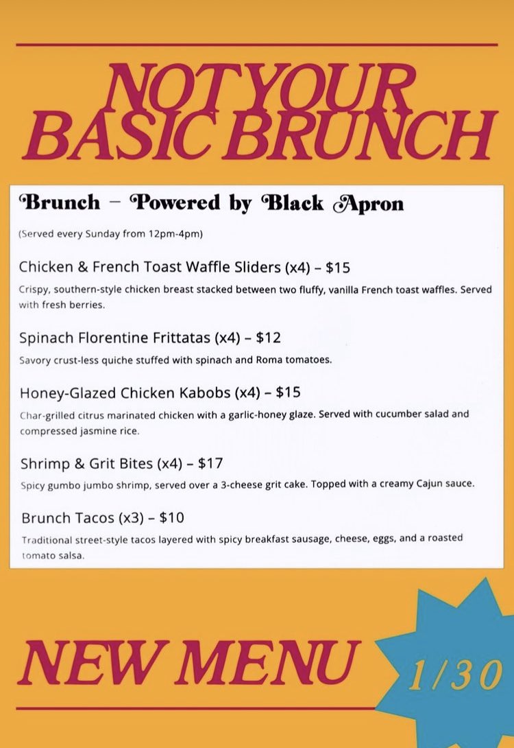 BlackApron1's tweet photo. This how we coming Sunday 12pm-4pm @Killjoycocktail. Menu powered by Black Apron. 

Make sure to be there, your stomach will thank you! Eat Up. 🍽⬆️ #brunch https://t.co/M9dw51L52R