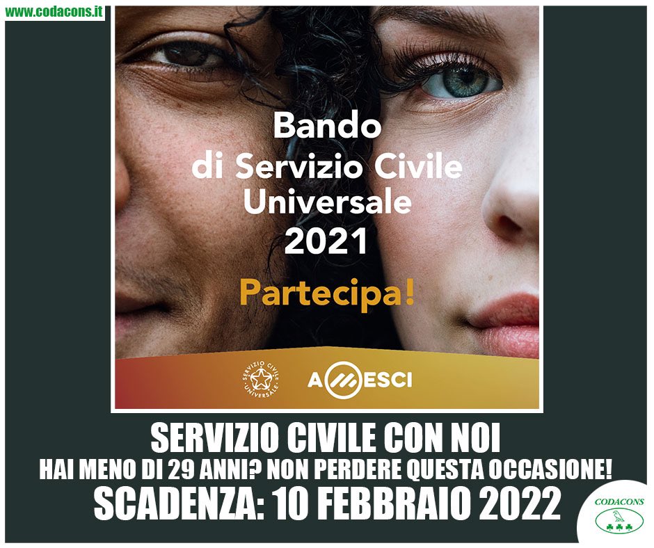 Codacons's tweet image. Se hai tra i 18 e 28 anni e vuoi entrare a far parte degli operatori di #serviziocivile con l’Associazione, puoi presentare la domanda di partecipazione fino alle ore 14.00 del 10 febbraio 2022. 
Scopri come fare!

🌐 bit.ly/3raaRvh