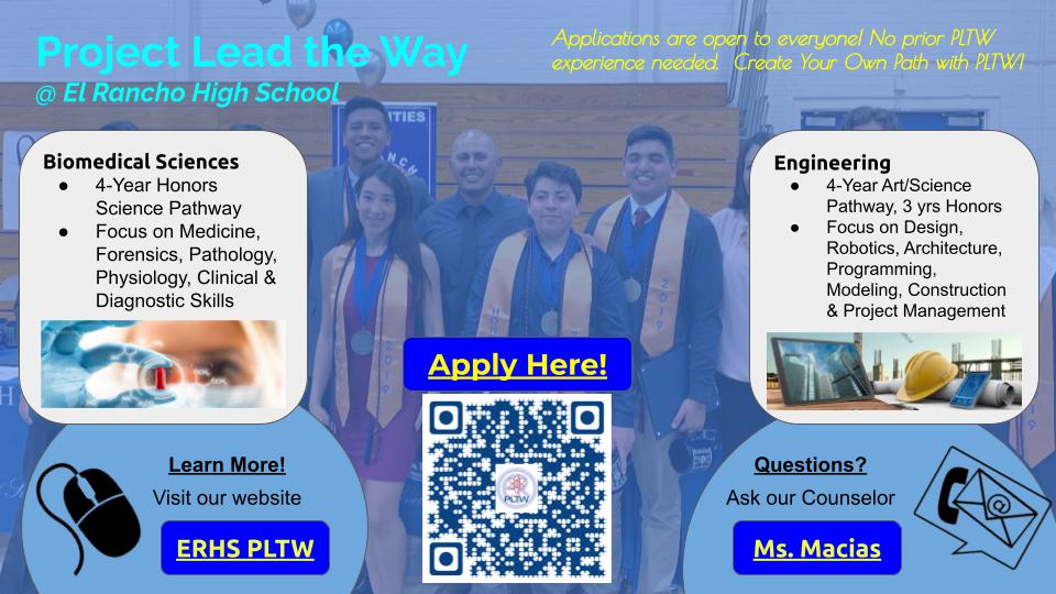 ErhsPltw's tweet photo. It's time! APPLY NOW to PLTW at El Rancho HS. No prior PLTW experience required.  Learn more at https://t.co/QTLfvpQ6Bg https://t.co/4WlbriIsw6