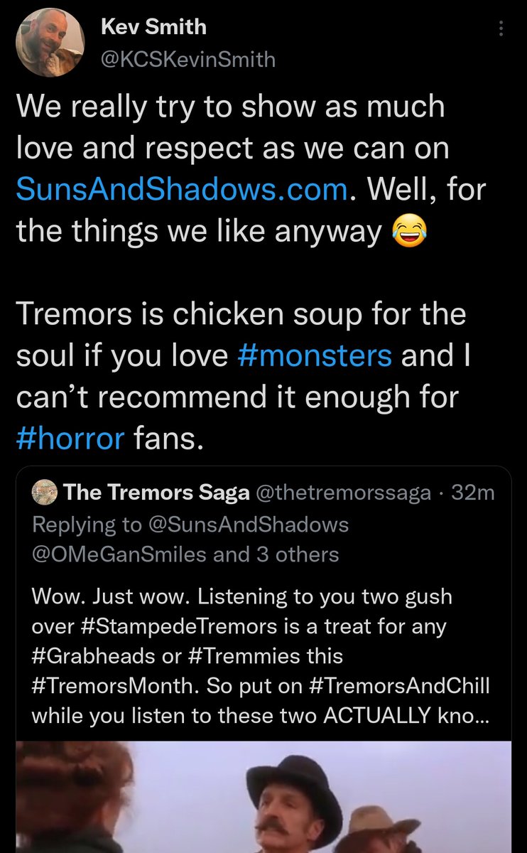thetremorssaga's tweet photo. @lowcarbcomedy, @SunsAndShadows, @beetlebear, & @EvryThingSequel are doing their part to #StampedeTremors with #TalkingTremors this #TremorsMonth because #TremorsBelongsInTheLibraryOfCongress for its ability to #Stampmeme a #WormVerse of #TreMen #Grabheads.
ARE YOU?! https://t.co/qTLdMcKgig