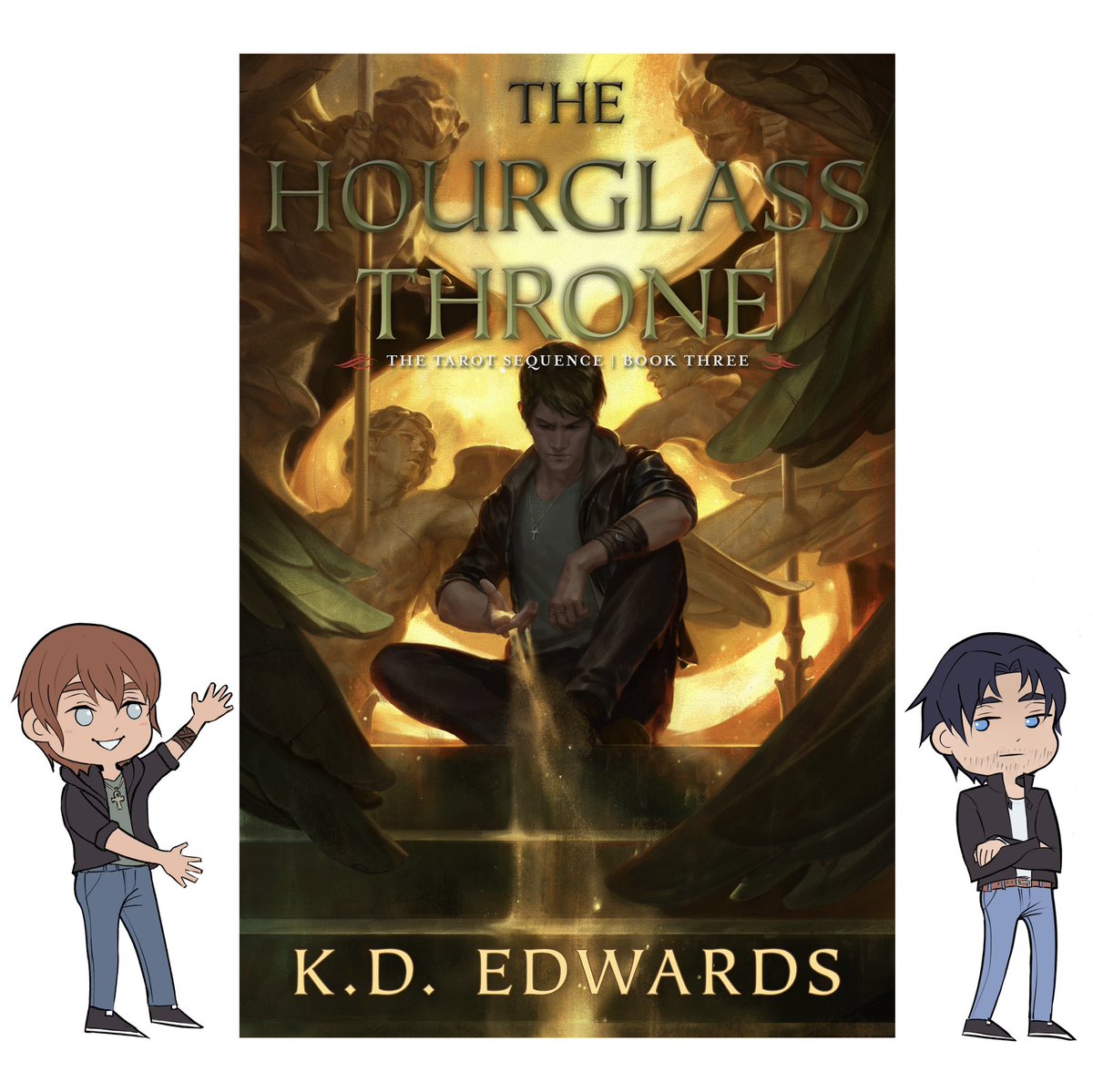 Introducing this AMAZING cover for The Hourglass Throne by @KDEdwards_NC! Don't let Brand's expression fool you – he wouldn't miss this for the world! Cover art by the incredible @micahepsteinart!  #TheTarotSequence #TheHourglassThrone @Pyr_Books