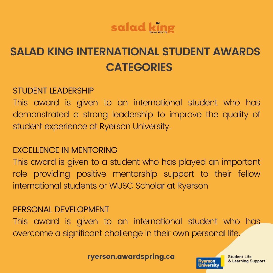 Have you demonstrated strong leadership skills that improved the quality of student experience at RU?🤔 Well this award could be for YOU 🏆Apply for the Salad King Awards today at ryerson.awardspring.ca