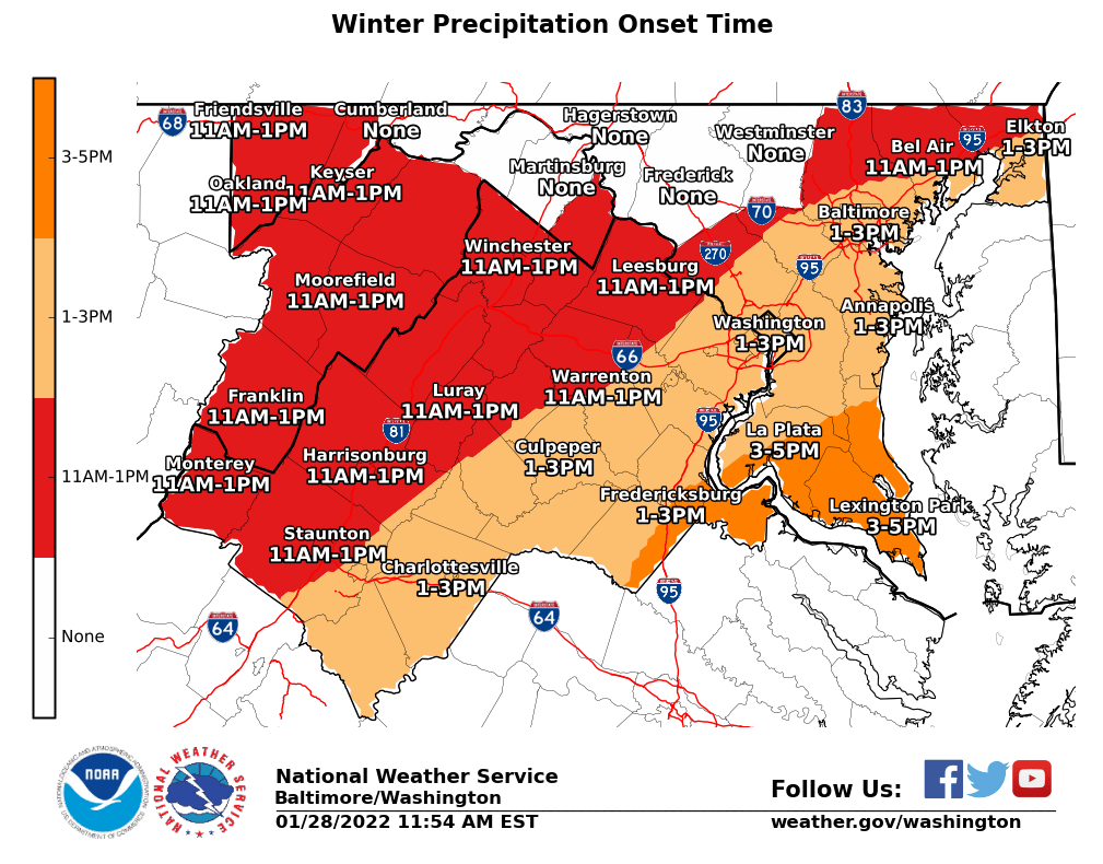 ReadyFairfax's tweet photo. [1/28 at 12:47 PM] A Winter Weather Advisory is in effect until 4 AM Saturday with 1-2 inches of snow expected. The steadiest snow is expected later this afternoon through this evening which could impact the evening commute. Plan to limit travel if possible.  #FFXSnow #VaWx https://t.co/sSTBlRYewN