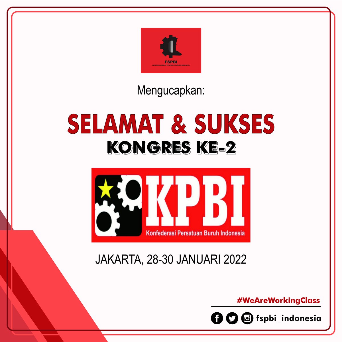 fspbi_indonesia's tweet photo. Segenap Keluarga Besar Federasi Serikat Pekerja Bandara Indonesia (FSPBI) mengucapkan Selamat dan Sukses Kongres ke-2 Konfederasi Persatuan Buruh Indonesia (KPBI).
.
.
#weareworkingclass
#hidupburuh #hiduppetani #hidupnelayan
#hiduprakyatindonesia https://t.co/3F1gl1XCJw