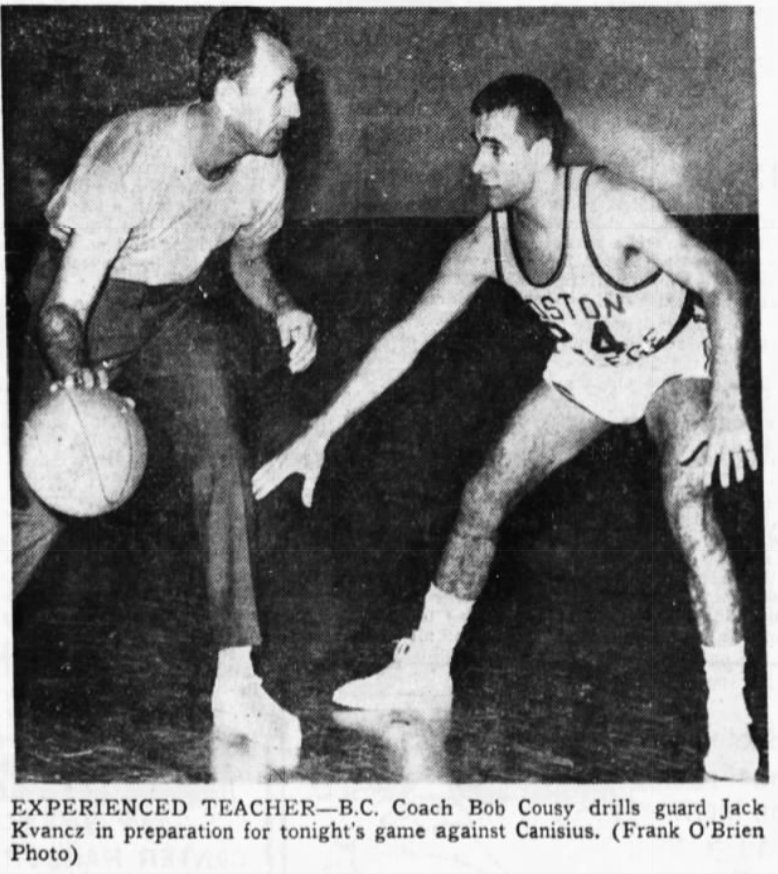 Boston College coach Bob Cousy works with future GW AD Jack Kvancz during Jack's playing days in 1967 https://t.co/FOtC9tkw29