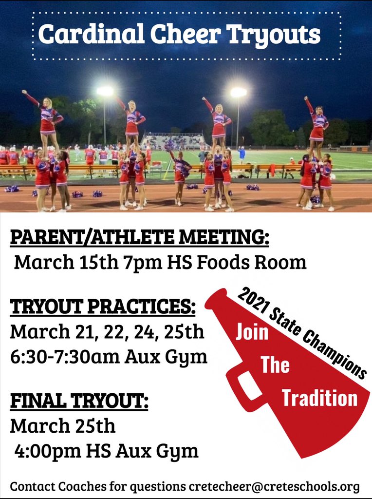 CreteCheer's tweet image. Save the dates!!! Calling all current 8th graders- 11th graders interested in trying out for our 2022-2023 Crete Cheer Team!! Contact us with any questions, but we will also go over everything at the parent/athlete meeting! Please plan to attend! 
❤️💙❤️💙