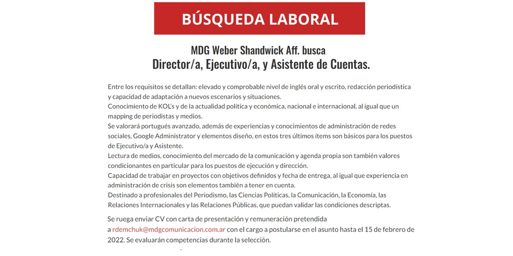 🗣️Búsqueda laboral:
MDG A Weber Shandwick Aff. en la región busca Director/a, Ejecutivo/a, y Asistente de Cuentas.
Mirá los requisitos y mail para enviar el CV en éste link: ow.ly/ZRff50HGOzG
Hasta el 15 de febrero de 2022
#busquedalaboral #Comunicación #RRPP #periodismo
