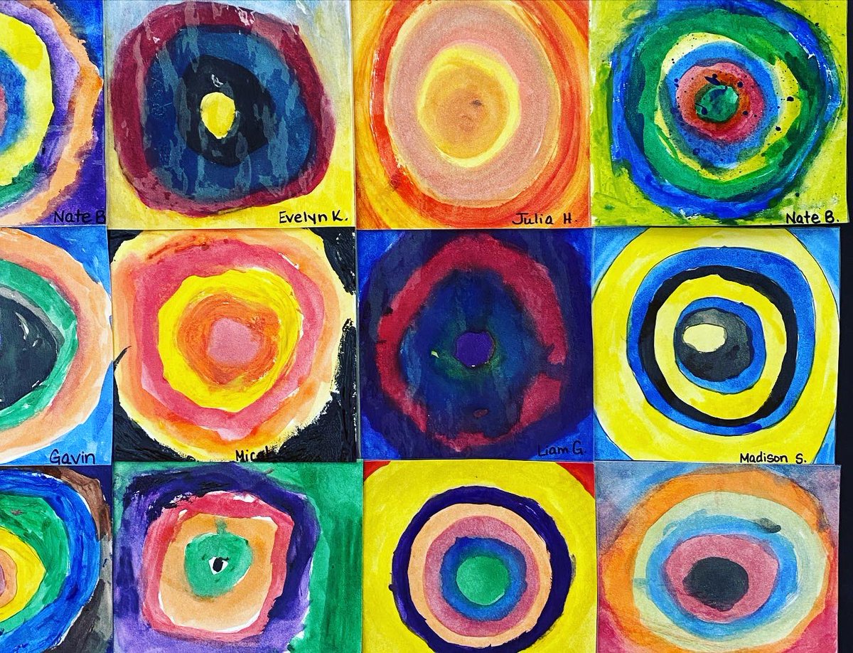 amy_vence's tweet photo. 🎨 + 🎼collide! 4thGrade learned about Wassily Kandinsky, a Russian Artist, who was inspired to paint colors based on different instruments. Students painted Kandinsky-inspired circles, listening to music, choosing each color that they think “sounded” like instruments@HhdsSchools https://t.co/iimAr5OIux
