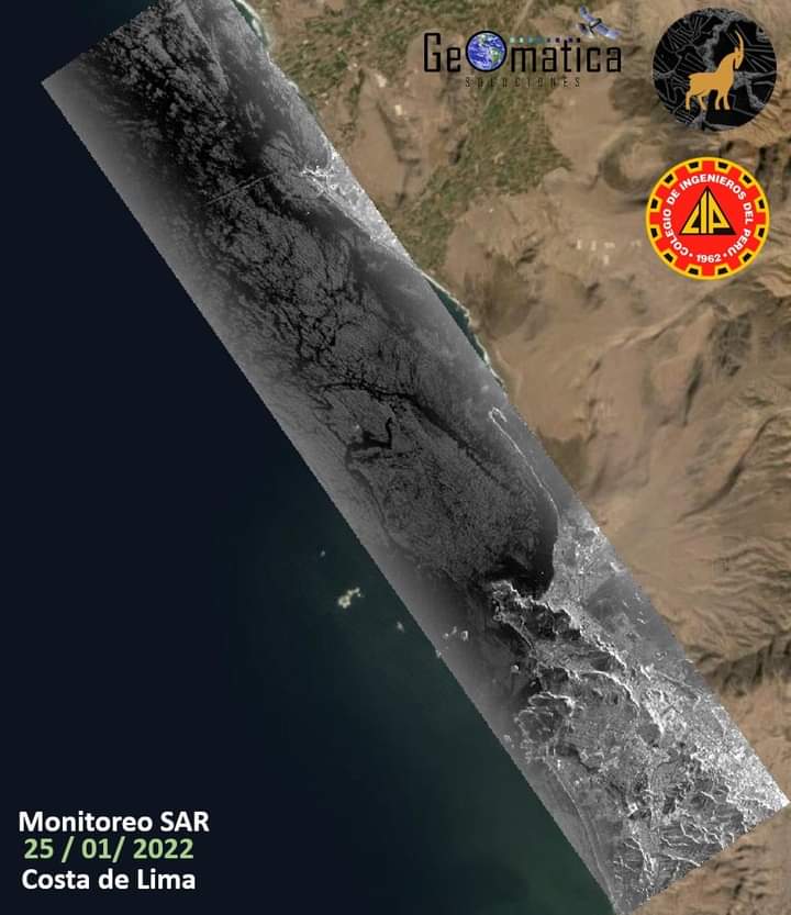 CesarSantiste14's tweet photo. Imagen satelital de Radar del 25/01/22 2 del derrame de petróleo en las costas deLima tomada por Capella Space. Herramienta ideal para el monitoreo de las manchas de petróleo, planificación de operaciones de limpieza y medidas de remediación. Imagen Geomática Soluciones S.A.C https://t.co/H6H2MN2bMO