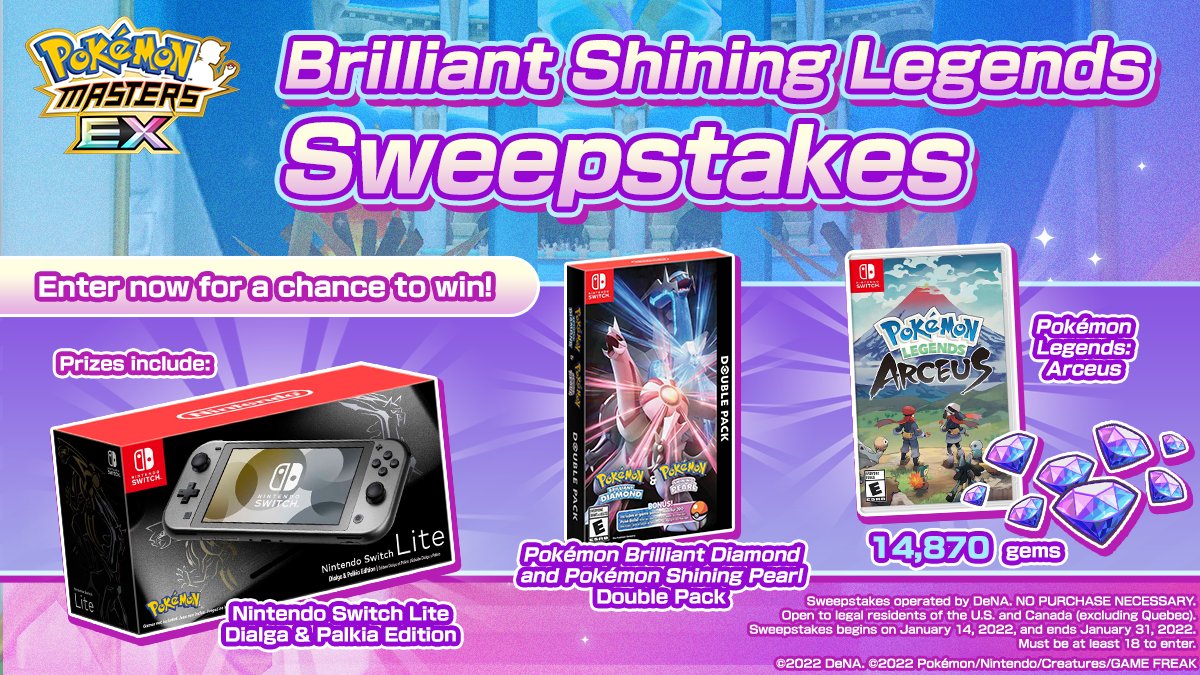 Our sweepstakes lasts until January 31, 2022, at 11:59 p.m. PST. Be sure to RT our campaign tweet before then for a chance to win 14,870 gems!

Details:
bit.ly/3CQprdC

#PokemonMasters