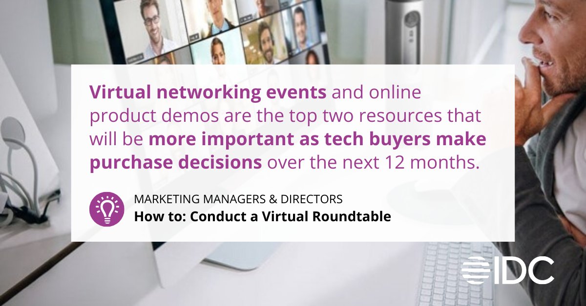 IDC's tweet image. IDC&apos;s Virtual Roundtables is a platform that helps you identify your customers&apos; key business challenges and network with senior IT decision makers. In our blog, we cover how to run a virtual roundtable that converts. bit.ly/3rXg9ta 

#virtualroundtables #virtualevents