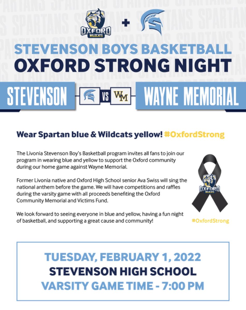 We don’t play tonight, but our next game is on Tuesday 1st, at 7pm, and is our Oxford Strong night! We are trying to raise money for the Oxford Memorial and Victims Fund, including a raffle for a signed Cade Cunningham basketball! Come out and help us support Oxford HS.