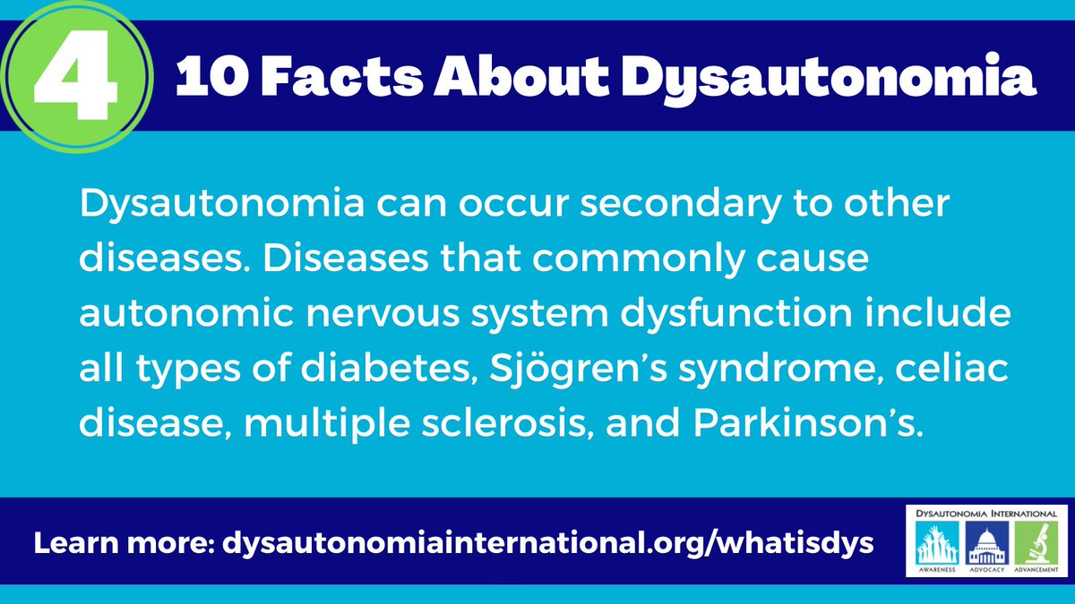 #FridayFacts Dysautonomia is commonly caused by diseases that affect the autonomic nervous system. Share to help raise awareness! Learn about some of the underlying causes and associated conditions that can be seen in people with autonomic dysfunction at dysautonomiainternational.org/underlyingcaus….