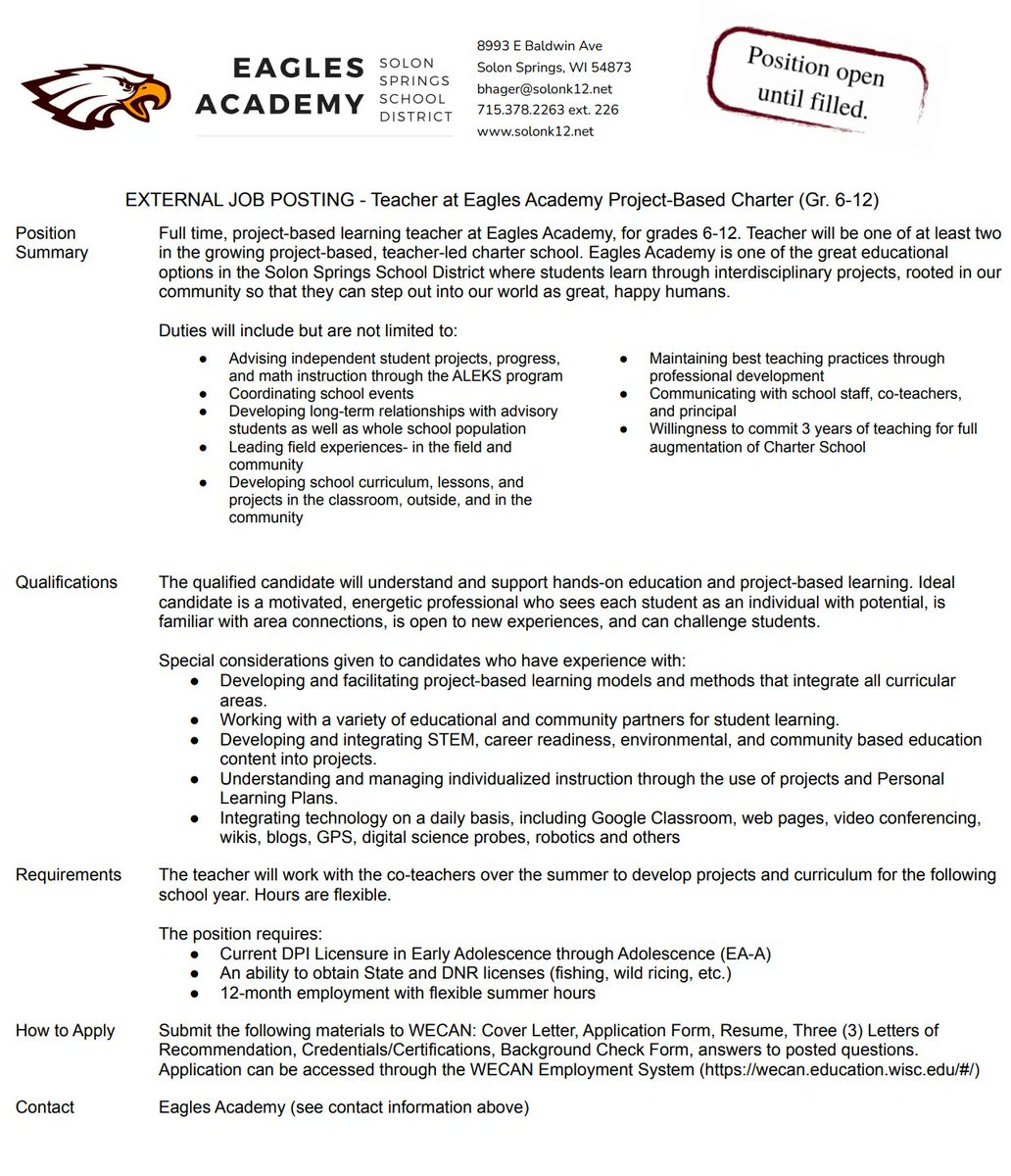 🚨 Opportunity Alert 🚨  Eagle's Academy is looking to fill a position.