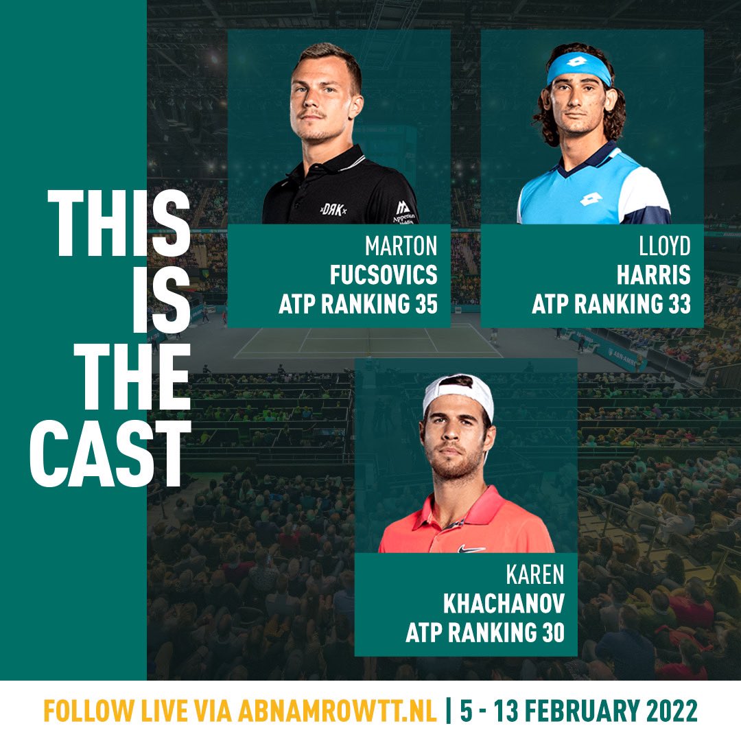 abnamroopen's tweet photo. Only 10 days to go! Marton Fucsovics, Lloyd Harris and Karen Khachanov will take part in the 49th ABN AMRO World Tennis Tournament in Rotterdam Ahoy. 🎾 https://t.co/RgKPH6xblL