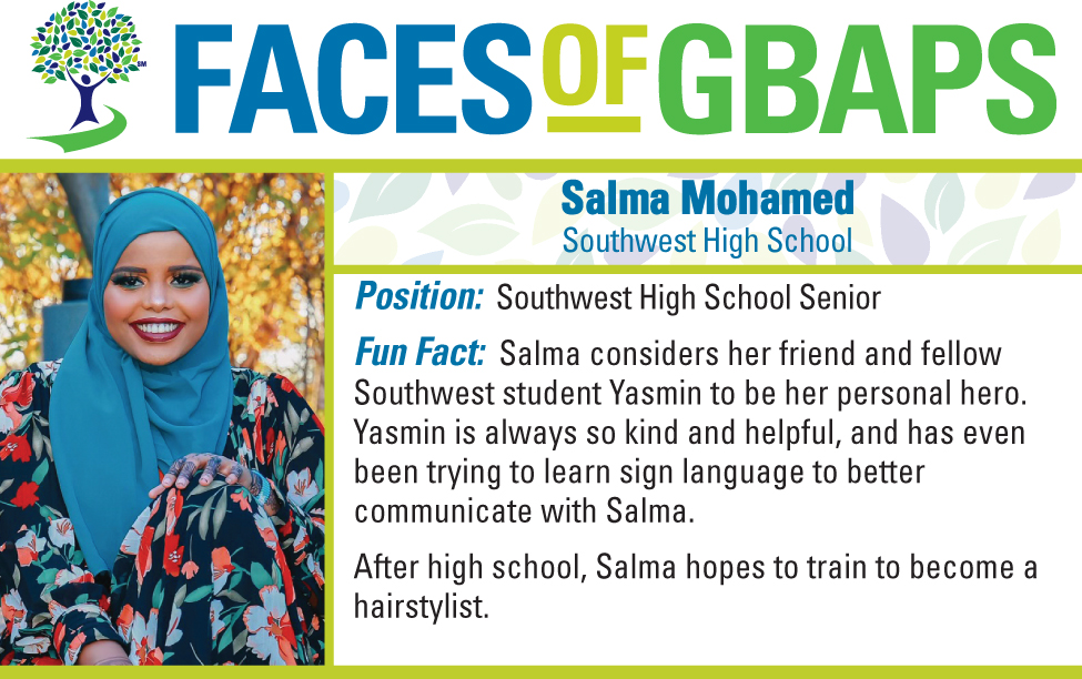 greenbayschools's tweet photo. Salma Mohamed is a Southwest High School senior from Somalia who loves softball, reading, writing, and cooking. Salma is deaf and has been learning American Sign Language along with her twin sister and friends. @SWesttrojans  #FacesofGBAPS #GBAPSProud https://t.co/qgAAkUTqt3 https://t.co/BonLnXobwU