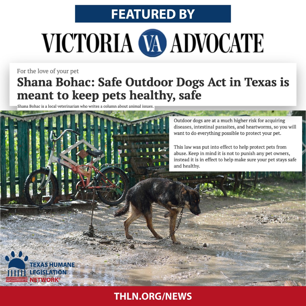 THLNTX's tweet photo. Dr. Shana Bohac, a Texas veterinarian, recently wrote an article on @Vicadvocate about The #SafeOutdoorDogs Act and how it can keep your pets healthy and safe. Thank you, Dr. Bohac and Victoria Advocate, for the feature!