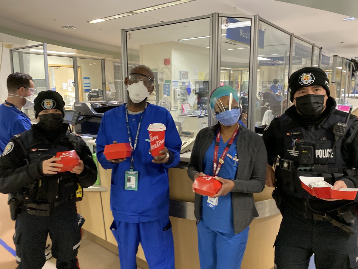 TPS14Div's tweet photo. Today Supt. Sinopoli & Insp. Hilton, S/Sgt Bernardo, PC's Maniquis, Maliszewski & Kiproff were pleased to participate in the @TimHortons #ChoooseToInclude campaign for @SpecialOCanada by dropping off special-edition donuts to the dedicated healthcare professionals @UHN 1/2 ^gr https://t.co/C3fkcCCBNQ