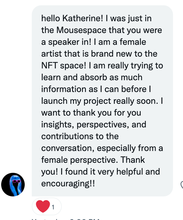 Such a nice note to get from <a href="/steffnft/">Steff</a> -- support female artists and give her a follow