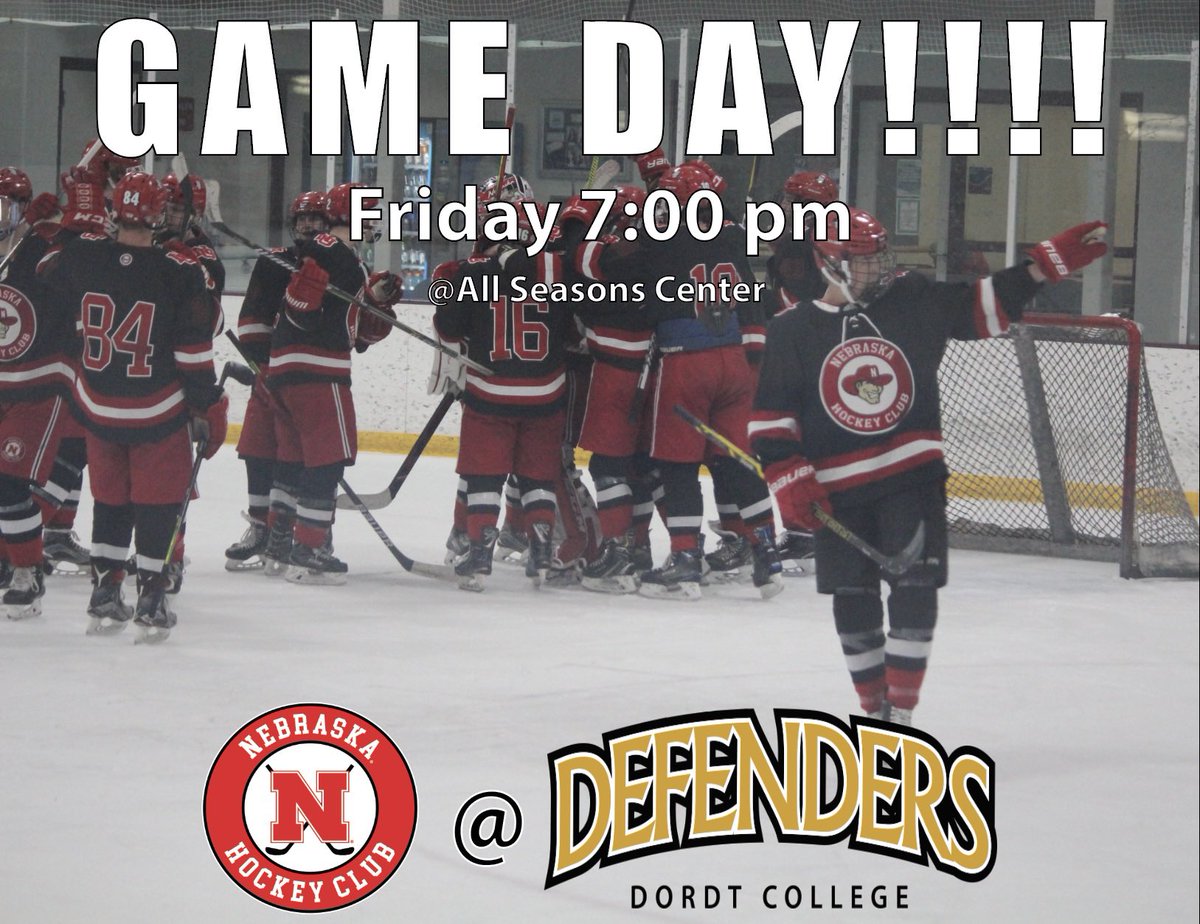 HuskerHockey's tweet photo. IT’S GAME DAY!!!!! Your Huskers are on the road today as they travel to take on @DordtHockey!

📍: All Seasons Center, Sioux Center, Iowa
⏰: 7:00pm
📺: https://t.co/nvrJRUg32W

#GBR #Huskerhockey https://t.co/24qSx59Qvn