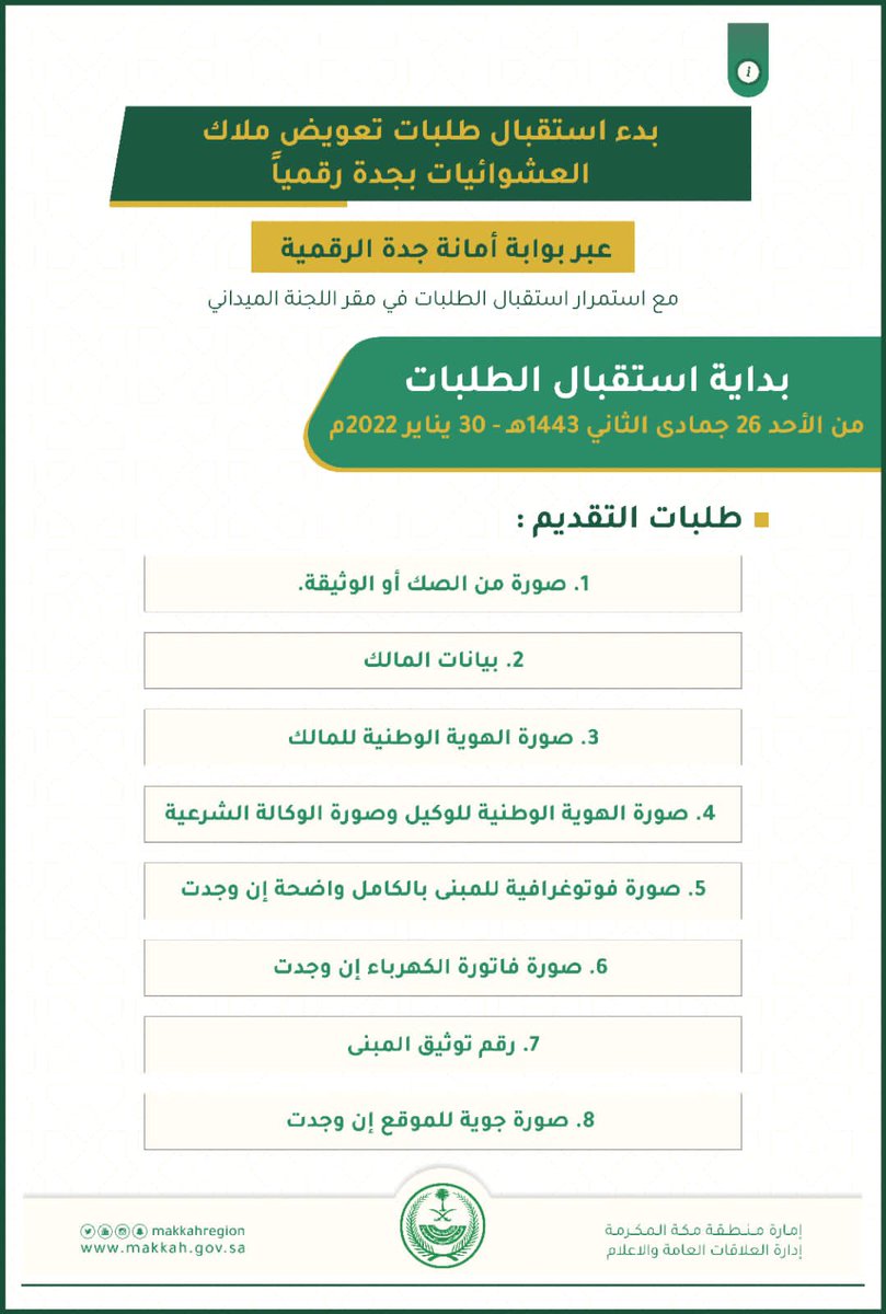 fayez_malki's tweet photo. أمانة جدة والهيئة العامة لعقارات الدولة تعلن بدء استقبال طلبات تعويض إزالة المناطق العشوائية بجده رقمياً، وعبر مواقع اللجنة ميدانيًا على النحو التالي : 
• التعويضات عن الأراضي المملوكة بصكوك شرعية ستكون عن الأرض والانقاض
• الأراضي غير المملوكة بصكوك شرعية ستكون عن الانقاض https://t.co/I7QFWwJzu0