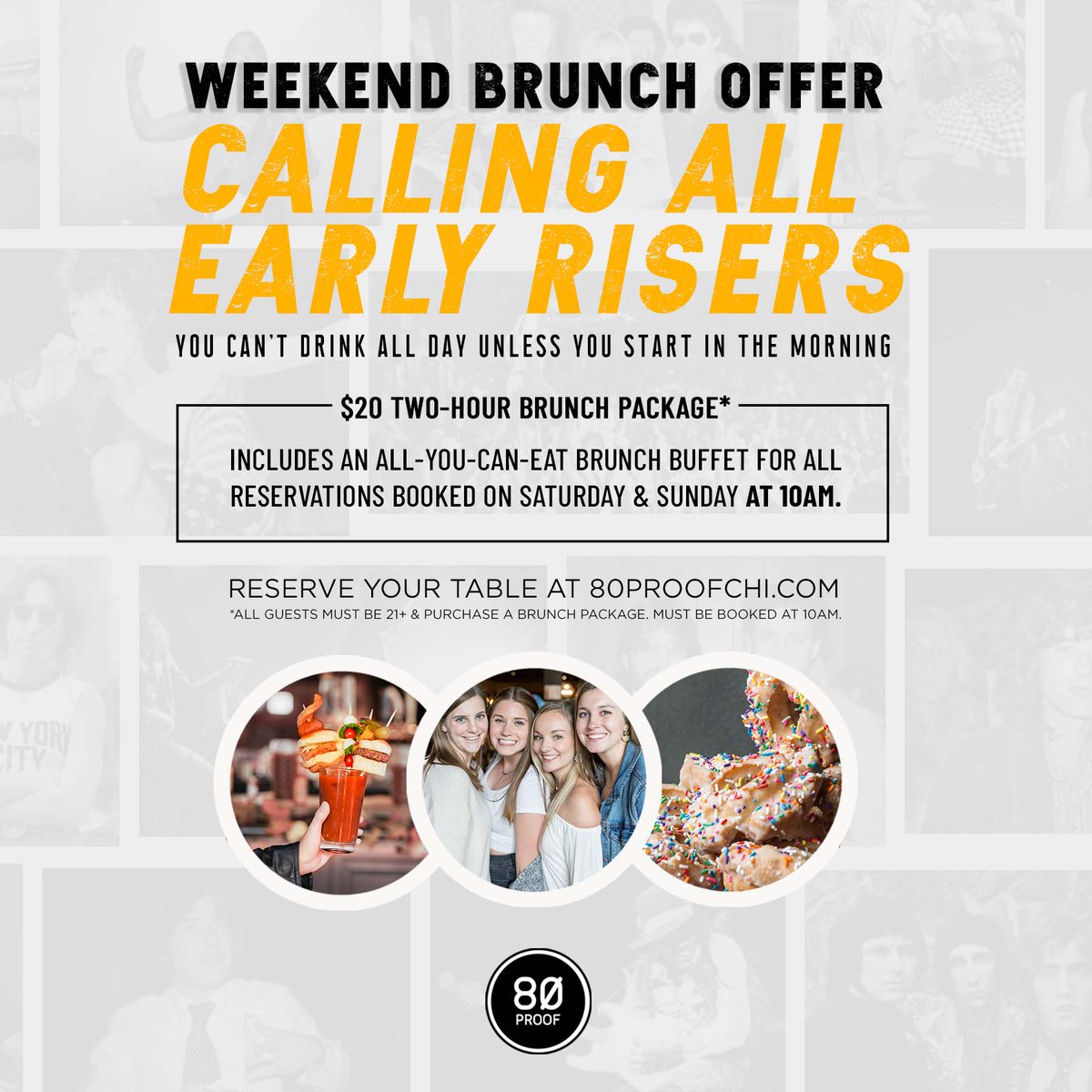 Wake up early and get rewarded with our Early Riser Brunch offer! 🍾🍩🥓 Visit 80proofchi.com to book your reservation today!