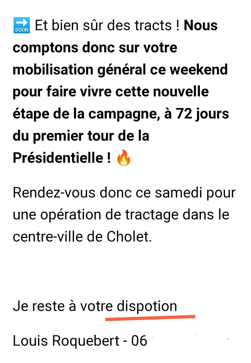 laroulotte49's tweet photo. #Loulou1er👶 lance une opération de tractage samedi matin ! c'est son droit 😂
Ce qui coince c'est le nombre d'inscrits à son pince-fesses. 
2 #pellots🥳 ça fait peu 😳 Leur donnera t-il la définition de "dispotion" avant le départ 😂🤭
#EnMarche
#avecvous
#LaREM 
#Cholet https://t.co/N5na2t8k07