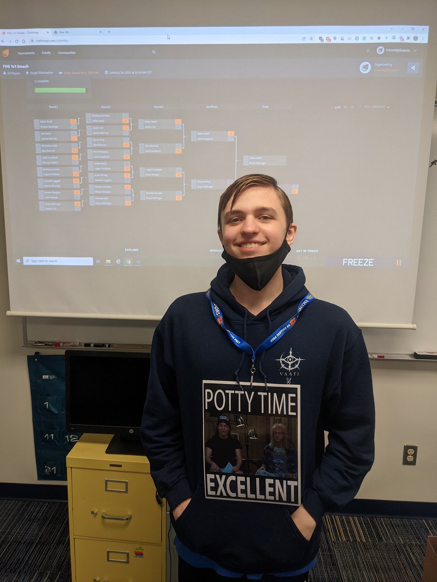 Congrats to Aidan on winning the first 1v1 <a href="/FHSRaccoons/">Frisco High School</a> Smash Bros tournament! His prize was getting to wear the new hall pass!