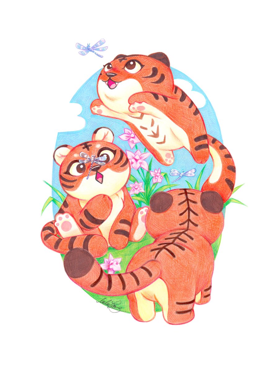 some squishy tigers for a Lunar New Year art show at <a href="/tealyfedrinks/">Tea Lyfe Drinks</a> in San Jose! 🐯 
First time doing a full traditional art piece in a while - this is marker + colored pencil layered on top.