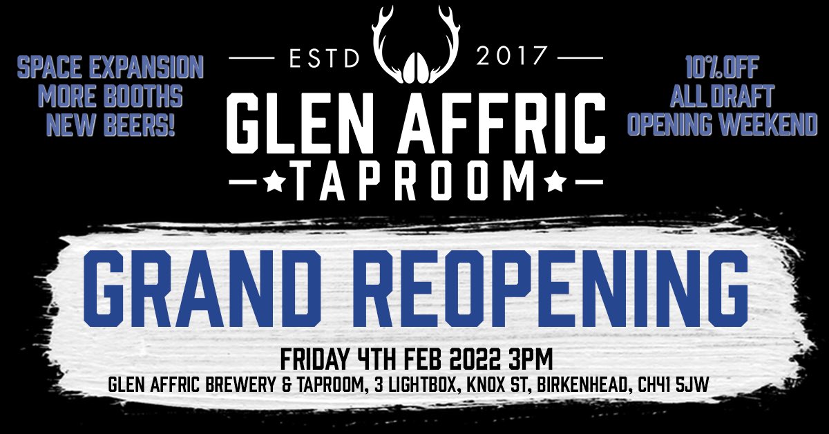 We’re back and boy have we been busy! Come and join us to celebrate the reopening of our expanded Taproom - plenty more booths and exciting new beers. People who come in during our opening weekend (4th-6th Feb) will get 10% off all draft, all weekend!

⁃Team Affric