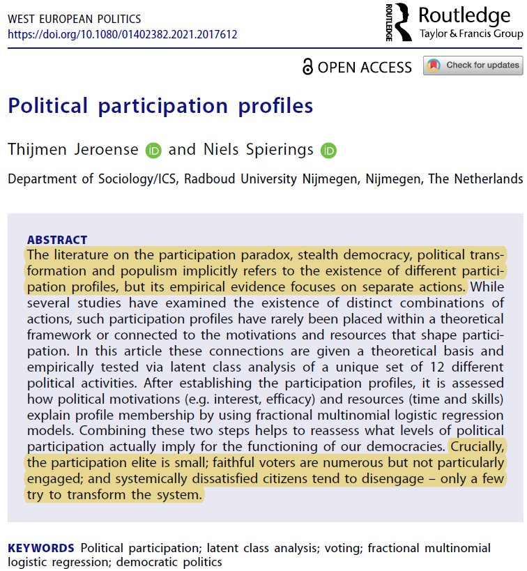 Online first & #openaccess: 'Political participation profiles' by @JeroenseThijmen & @NielsSpierings 

doi.org/10.1080/014023…

@Rout_PoliticsIR 

#polisciresearch